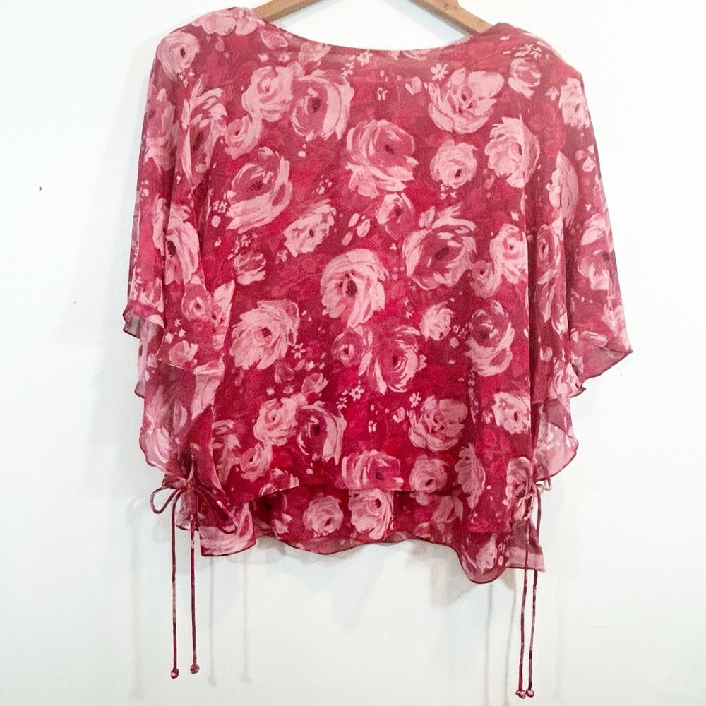Adrianna Papell 100% Silk Pink Red Rose Print Layered Top Butterfly Sleeves 24W